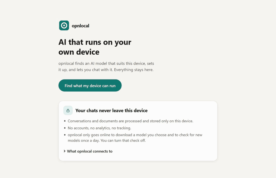 opnlocal on a Windows PC: device check, model picks, download, speed test, then a chat